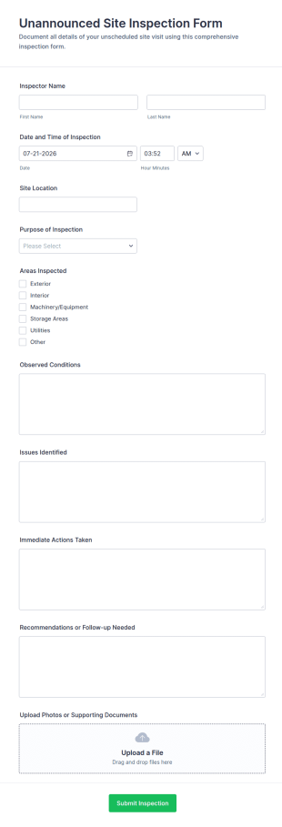 Unannounced Site Inspection Form Template
