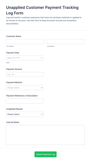 Unapplied Customer Payment Tracking Log Form Template