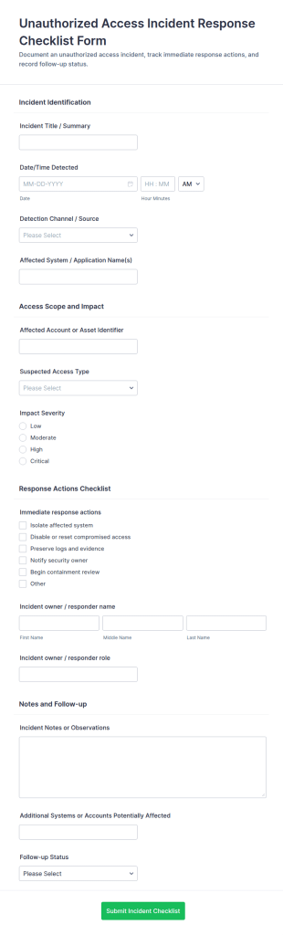Unauthorized Access Incident Response Checklist Form Template