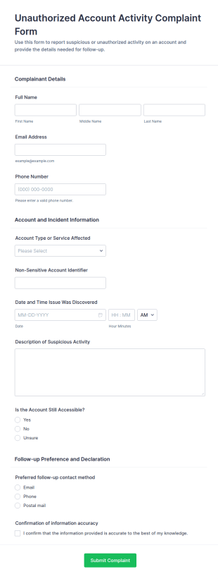 Unauthorized Account Activity Complaint Form Template
