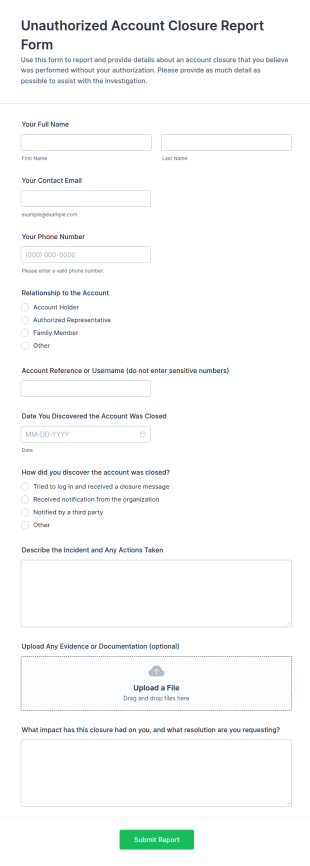 Unauthorized Account Closure Report Form Template