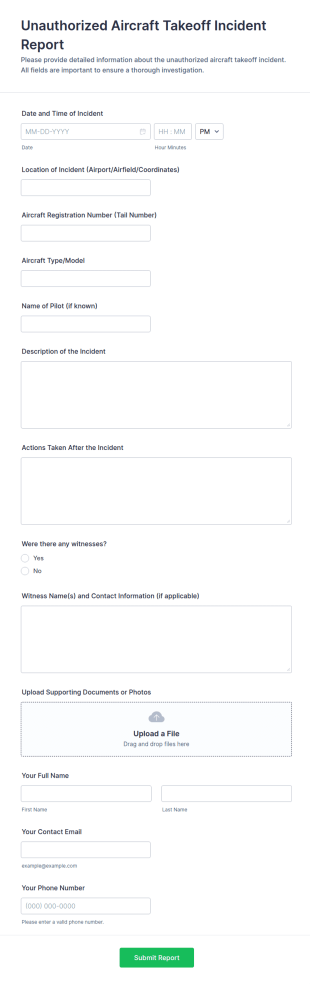 Unauthorized Aircraft Takeoff Incident Report Form Template