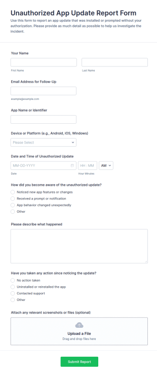 Unauthorized App Update Report Form Template