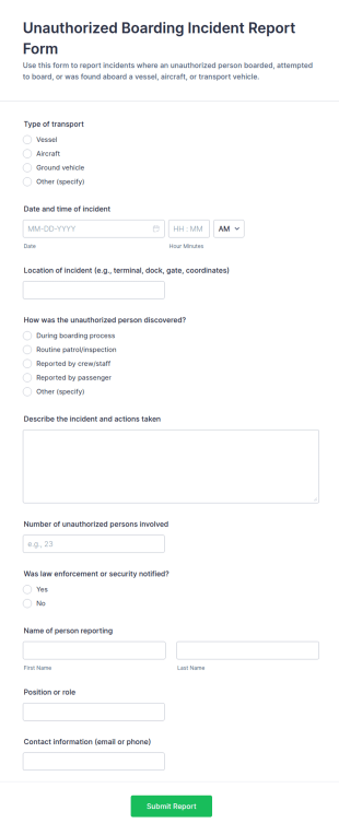 Unauthorized Boarding Incident Report Form Template