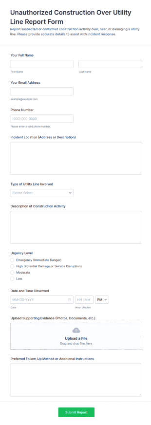 Unauthorized Construction Over Utility Line Report Form Template