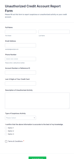 Unauthorized Credit Account Report Form Template