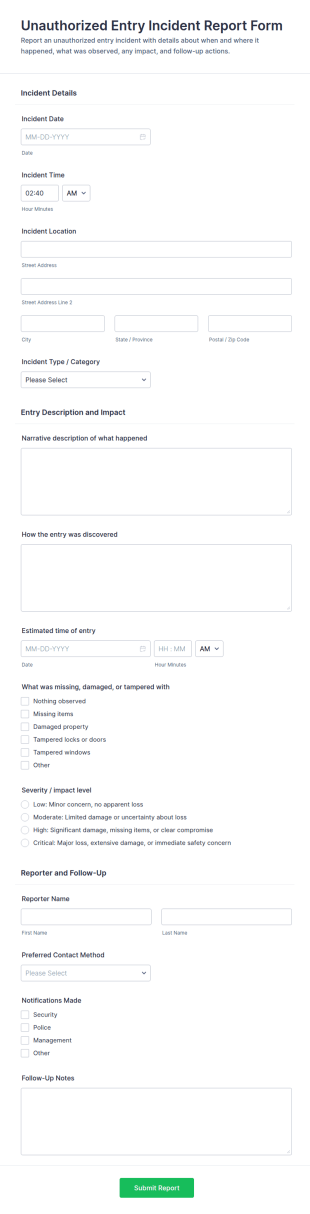 Unauthorized Entry Incident Report Form Template