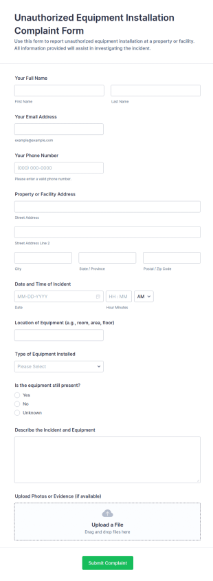 Unauthorized Equipment Installation Complaint Form Template