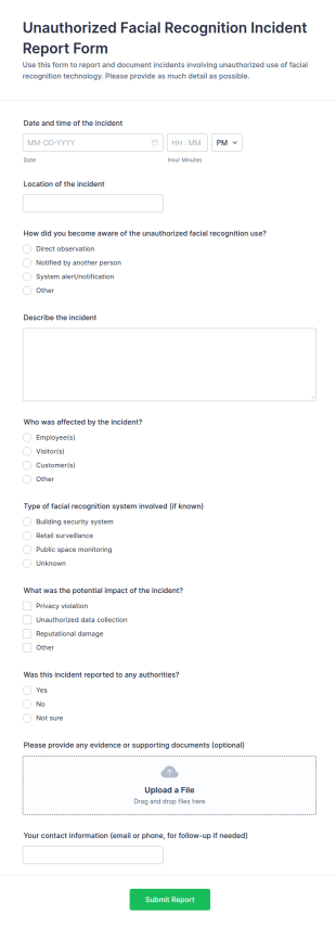 Unauthorized Facial Recognition Incident Report Form Template