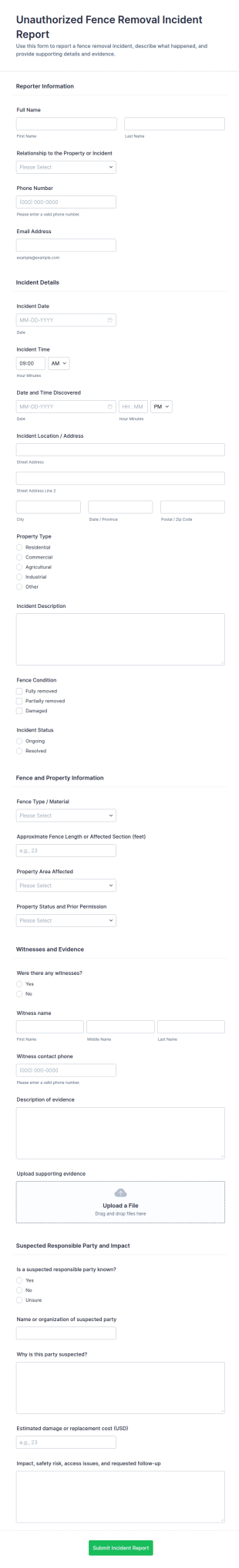 Unauthorized Fence Removal Incident Report Form Template