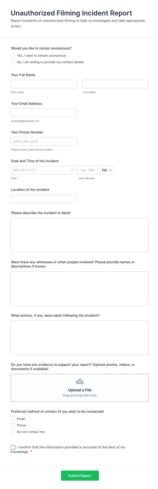 Unauthorized Filming Incident Report Form Template