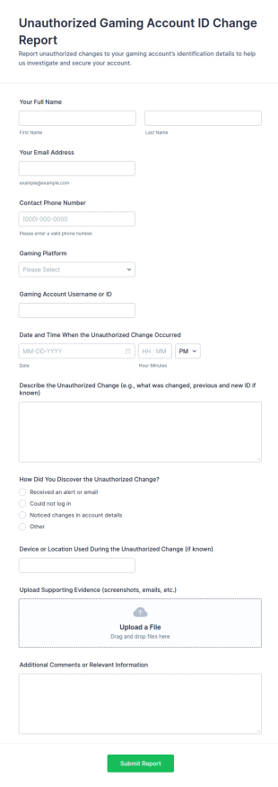 Unauthorized Gaming Account ID Change Report Form Template