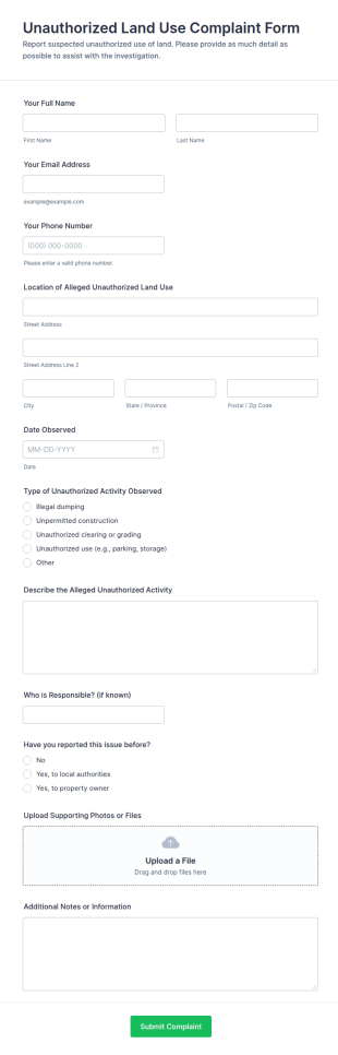Unauthorized Land Use Complaint Form Template