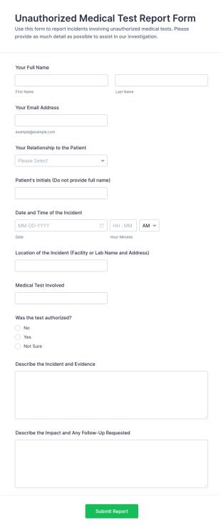 Unauthorized Medical Test Report Form Template
