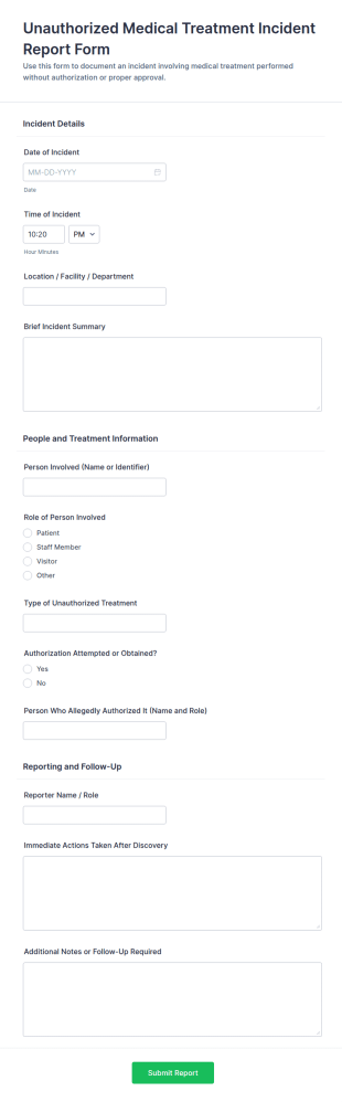 Unauthorized Medical Treatment Incident Report Form Template