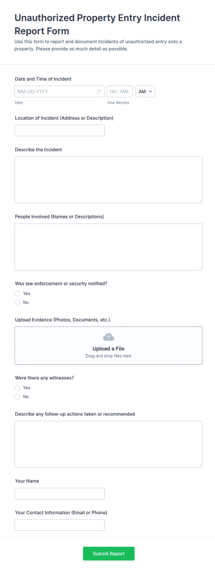 Unauthorized Property Entry Incident Report Form Template