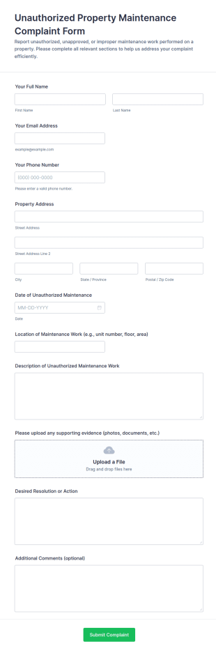 Unauthorized Property Maintenance Complaint Form Template