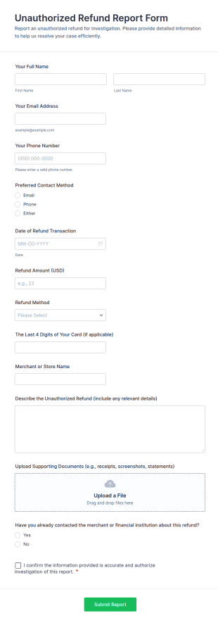 Unauthorized Refund Report Form Template