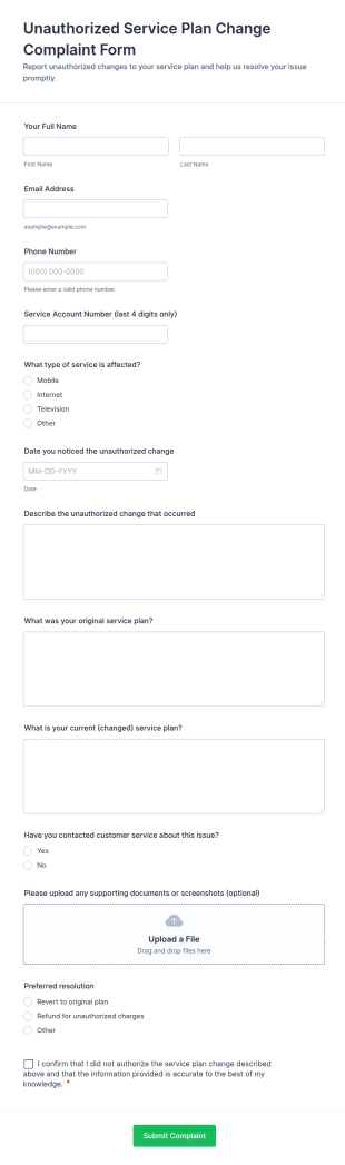 Unauthorized Service Plan Change Complaint Form Template