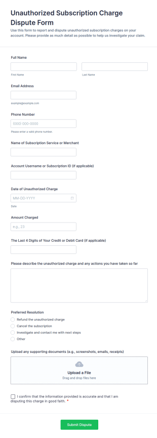 Unauthorized Subscription Charge Dispute Form Template