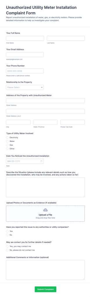 Unauthorized Utility Meter Installation Complaint Form Template