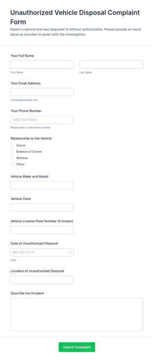 Unauthorized Vehicle Disposal Complaint Form Template