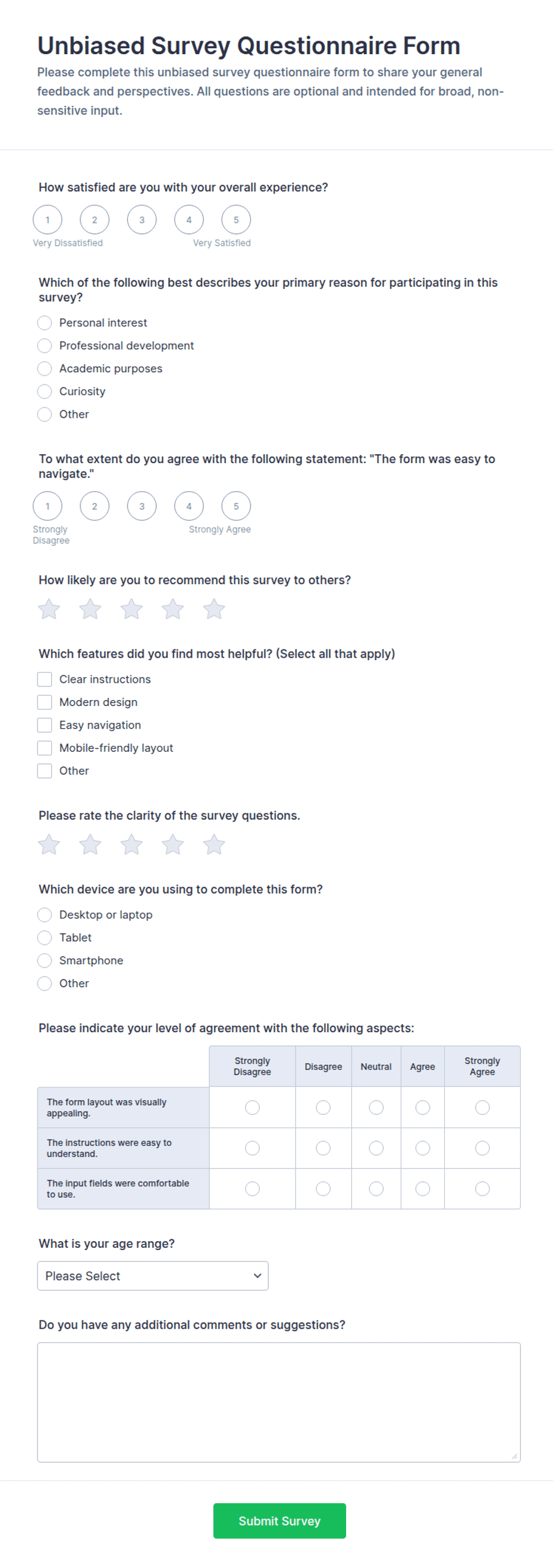 Internet Based Questionnaires Unbiased Survey Questionnaire Form Template | Jotform