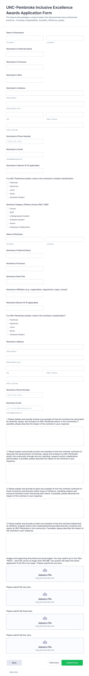 Inclusive Excellence Award Application Form Template