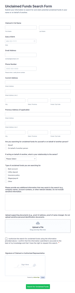 Unclaimed Funds Search Form Template