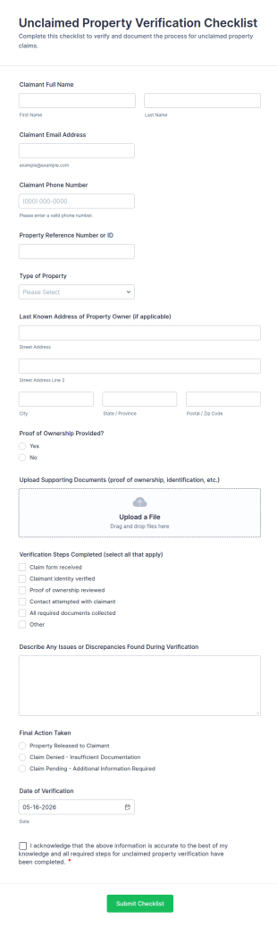 Unclaimed Property Verification Checklist Form Template