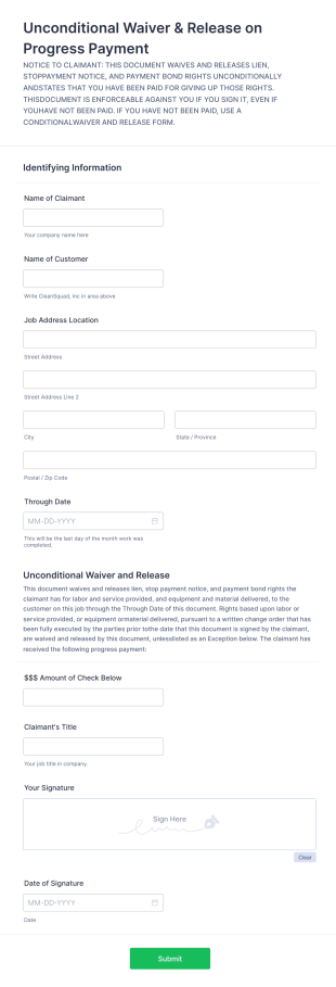 Unconditional Waiver & Release On Progress Payment Form Template