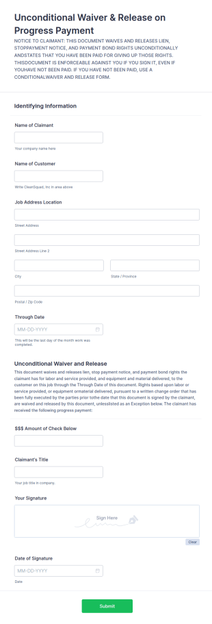 Unconditional Waiver & Release On Progress Payment Form Template