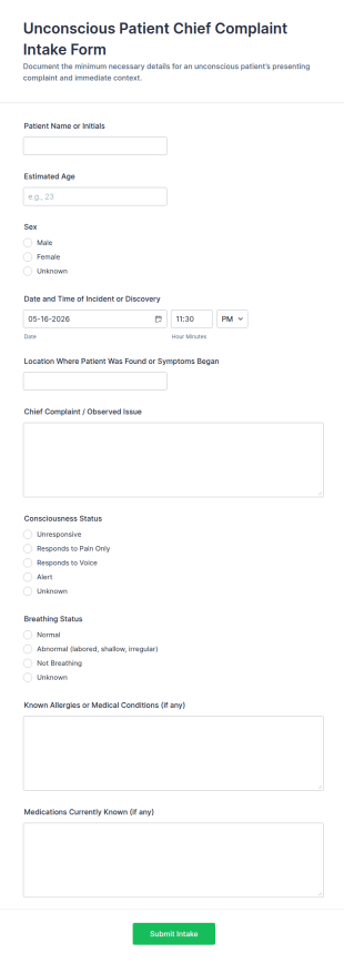 Unconscious Patient Chief Complaint Intake Form Template