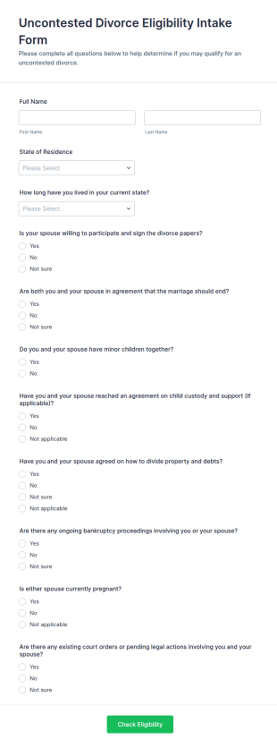 Uncontested Divorce Eligibility Intake Form Template