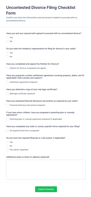 Uncontested Divorce Filing Checklist Form Template