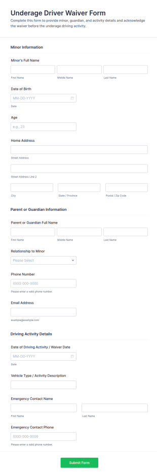 Underage Driver Waiver Form Template