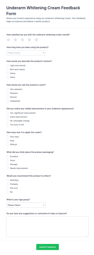 Underarm Whitening Cream Feedback Form Template