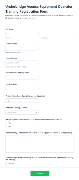 Underbridge Access Equipment Operator Training Registration Form Template