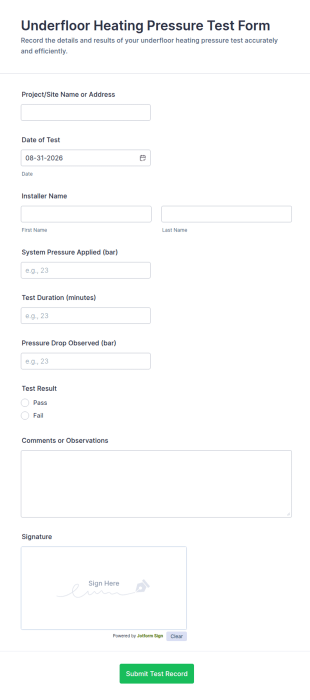 Underfloor Heating Pressure Test Form Template