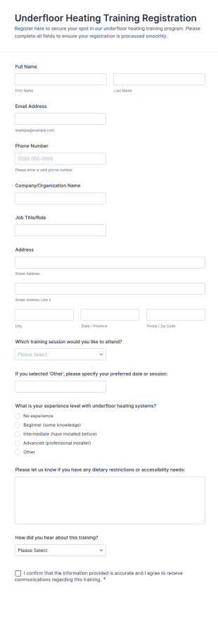 Underfloor Heating Training Registration Form Template