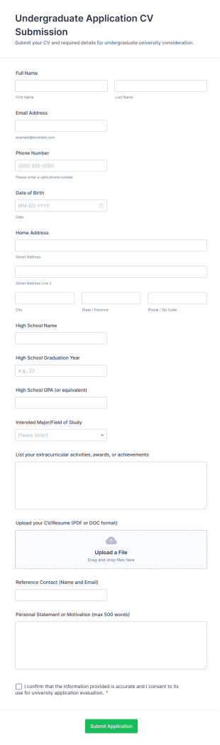Undergraduate Application CV Submission Form Template