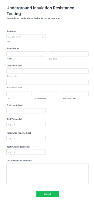 Underground Insulation Resistance Testing Form Template
