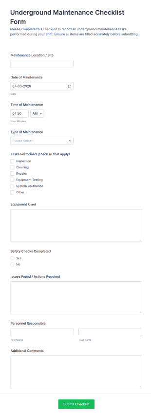 Underground Maintenance Checklist Form Template