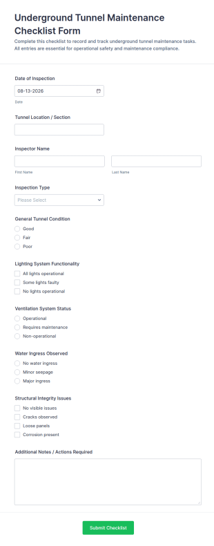 Underground Tunnel Maintenance Checklist Form Template