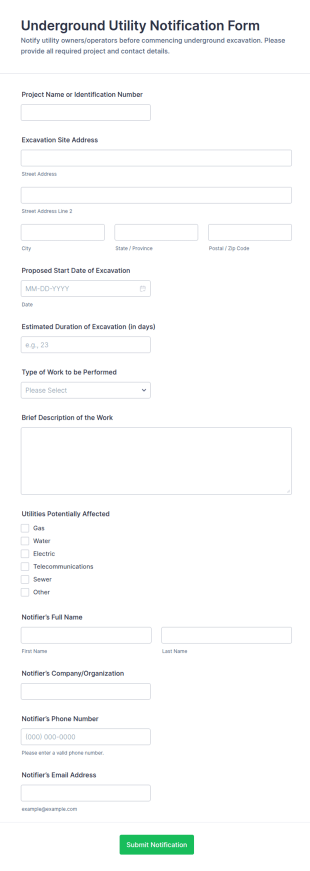 Underground Utility Notification Form Template
