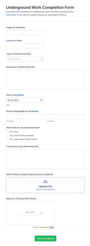 Underground Work Completion Form Template