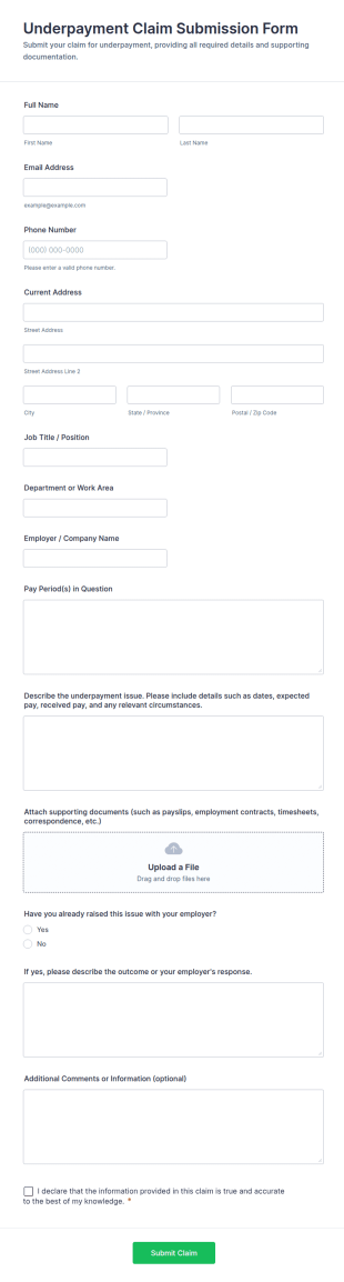 Underpayment Claim Submission Form Template