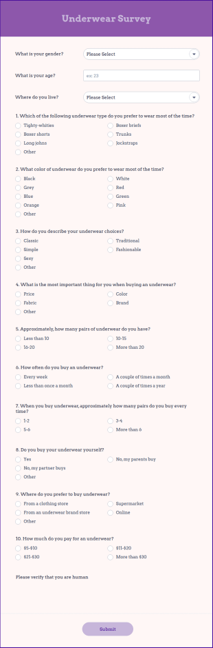 Underwear Survey Form Template