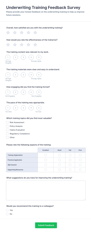 Underwriting Training Feedback Survey Form Template