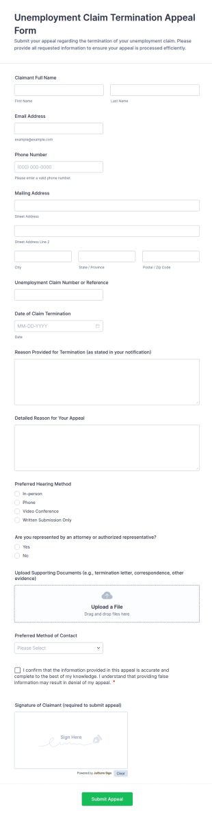Unemployment Claim Termination Appeal Form Template